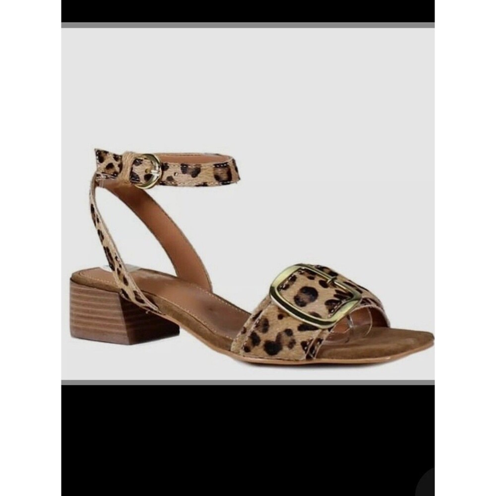 DIBA TRUE Kealah Leopard Calf Hair Low Block Heel Ankle Strap Sandals 7.5 Boho